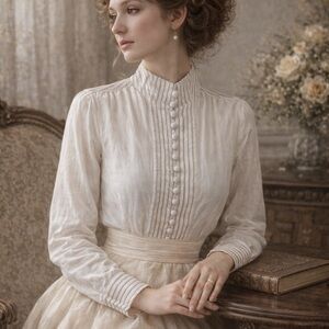 Victorian Style lace embroidery band neck looped buttons tunic top blouse Sz XS